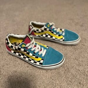 VANS Old Skool Checkered Low Top Skate Tennis Shoes Multi Color Neon